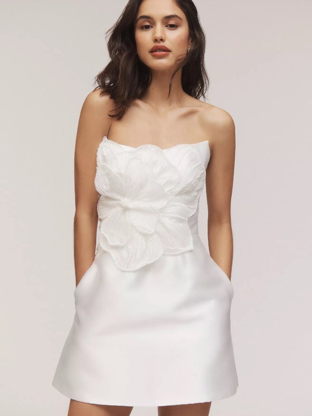 Watters Brie Strapless Embellished Pearl Floral A-Line Mini Dress Anthropologie